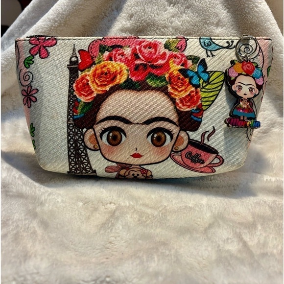 Frida Kahlo Bag Cream Textured Clutch Frida Print Zipper Pull Morelia Mexico - Picture 2 of 11